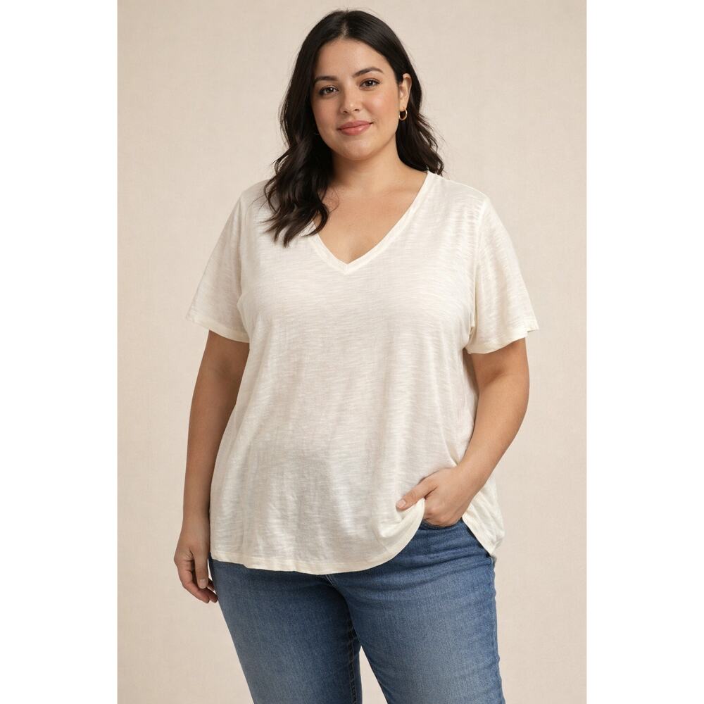 2X Womans Meri Skye Cotton Slub V Neck T Shirt Cream Relaxed Casual Tee